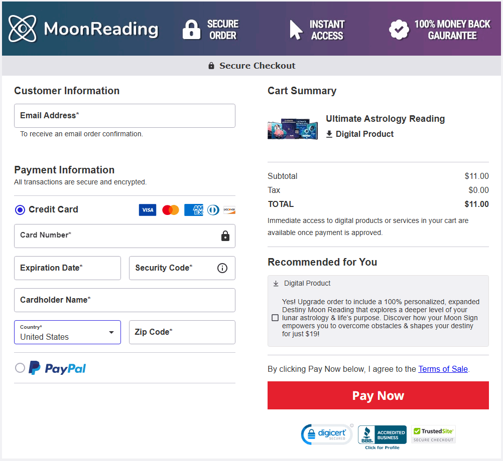 Moon Reading  Checkout Page